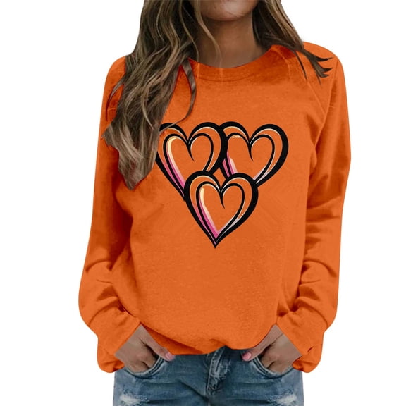 IWRICH Women's Valentine's Sweatshirt Tops Love Heart Graphic Printed T Shirt Casual Long Sleeve Crew Neck Pullover Tops Orange S