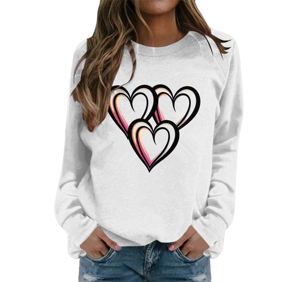 IWRICH Women's Valentine's Sweatshirt Tops Love Heart Graphic Printed T Shirt Casual Long Sleeve Crew Neck Pullover Tops White M
