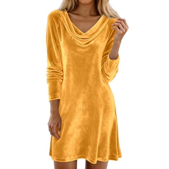 IWRICH Women's Velvet Dresses Cowl Neck Long Sleeve Party Holiday Christmas Mini Dresses Gold M