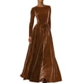 thumbnail image 1 of IWRICH Women's Velvet Maxi Dress Crew Neck Long Sleeve High Waist with Belt Floor Length Party Dresses Brown XL, 1 of 4