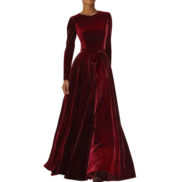 IWRICH Women's Velvet Maxi Dress Crew Neck Long Sleeve High Waist with Belt  Floor Length Party Dresses Red S - Walmart.com