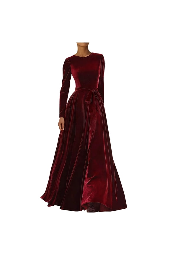 Women's Velvet Maxi Dress Crew Neck Long Sleeve High Waist with Belt Floor Length Party Dresses Red S