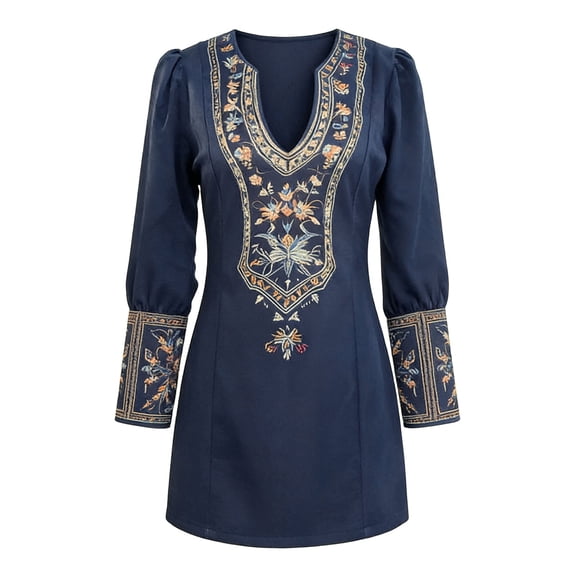 IWRICH Women's Vintage Suede Western Dress Long Sleeve V Neck Embroidered Ruched Short Bodycon Dresses Navy L