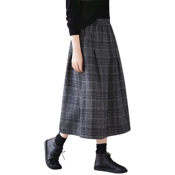 IWRICH Women's Vintage Plaid Pleated Wool Skirt Elastic Waist A-Line Midi Long Swing Skirt with Pockets Grey L