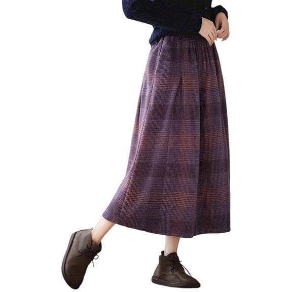 IWRICH Women's Vintage Plaid Pleated Wool Skirt Elastic Waist A-Line Midi Long Swing Skirt with Pockets Purple L