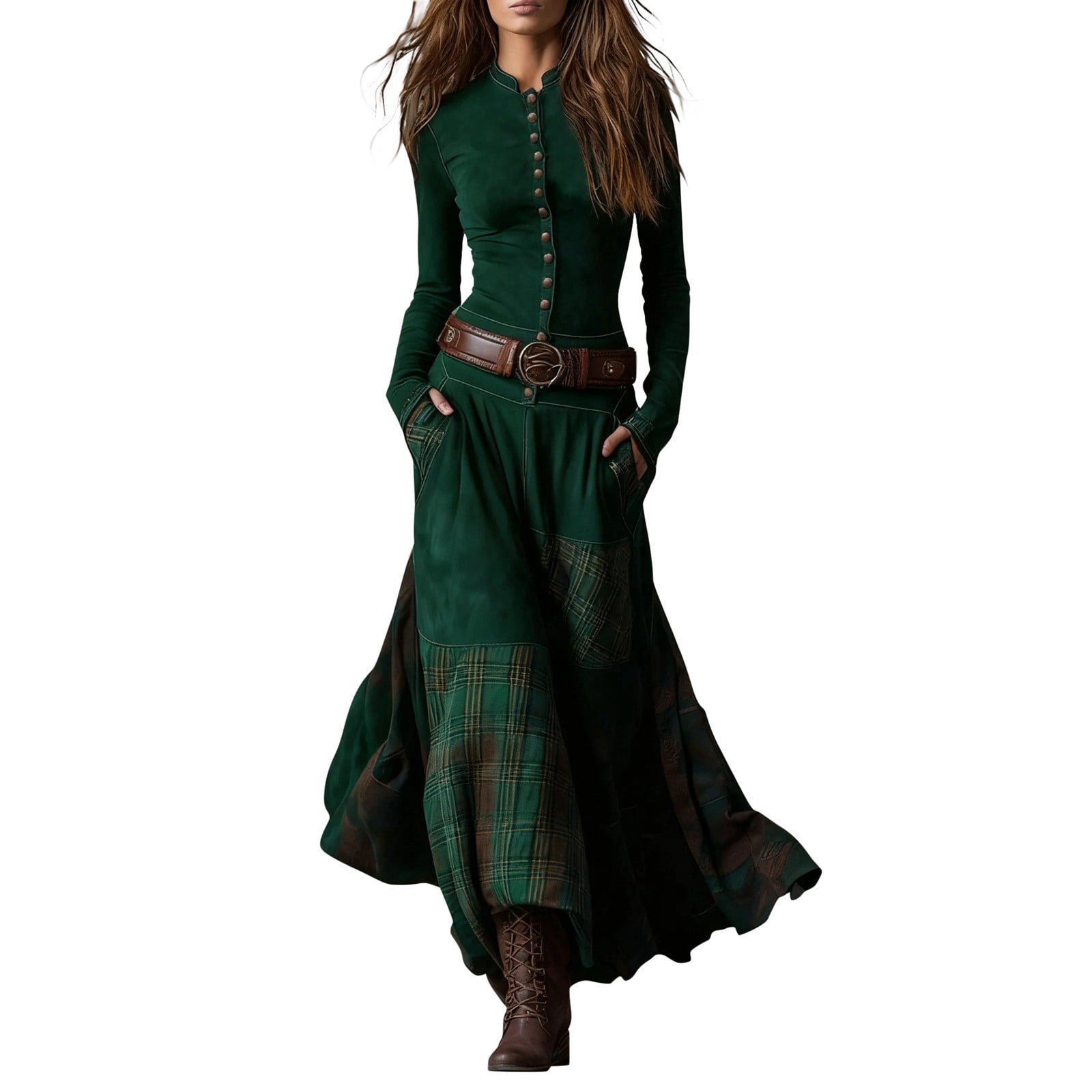 IWRICH Women's Vintage Western Plaid Maxi Dress Plaid Suede Dress with Pockets Buttons and Belt Fishtail Long Sleeve Boho Dresses Dark Green M