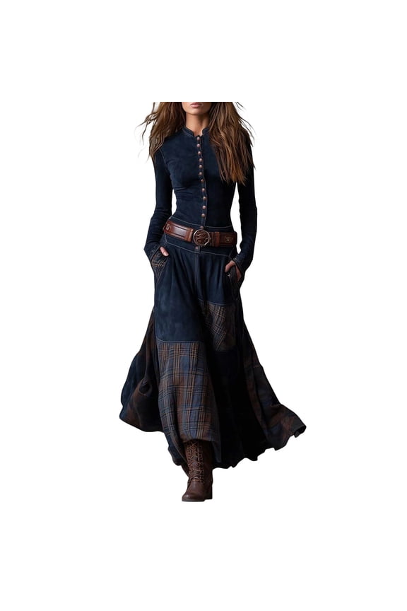Women's Vintage Western Plaid Maxi Dress Plaid Suede Dress with Pockets Buttons and Belt Fishtail Long Sleeve Boho Dresses Navy XXL