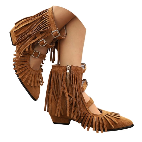 IWRICH Women's Western Fringe Flat Booties Cowboy Pointed Toe Ankle Boots Cut out Adjustable Buckle Casual Daily Wear Brown 6.5