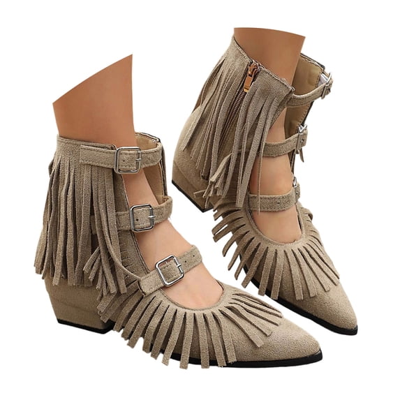 IWRICH Women's Western Fringe Flat Booties Cowboy Pointed Toe Ankle Boots Cut out Adjustable Buckle Casual Daily Wear Khaki 7.5