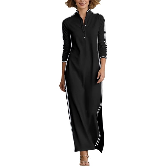 IWRICH Women's White Button down Collar Sweatshirt Maxi Dress Long Sleeve Casual Elegant Party Sporty Work Dresses Black S