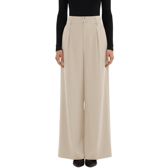 IWRICH Women's Wide Leg Dress Pants High Waisted Button Pleated Business Casual Trousers Office Work Palazzo Pants Beige S