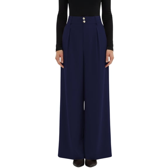 IWRICH Women's Wide Leg Dress Pants High Waisted Button Pleated Business Casual Trousers Office Work Palazzo Pants Dark Blue S