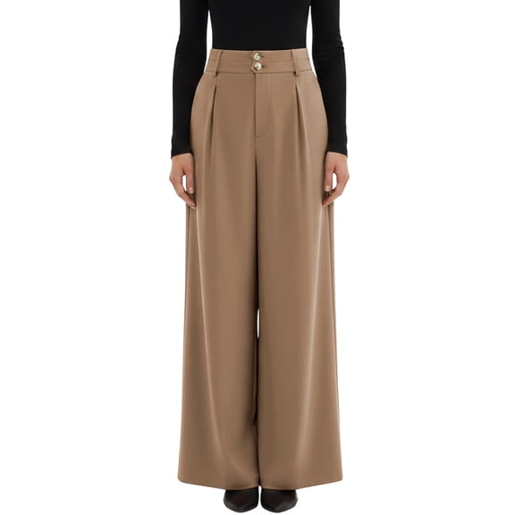 IWRICH Women's Wide Leg Dress Pants High Waisted Button Pleated Business Casual Trousers Office Work Palazzo Pants Khaki XL