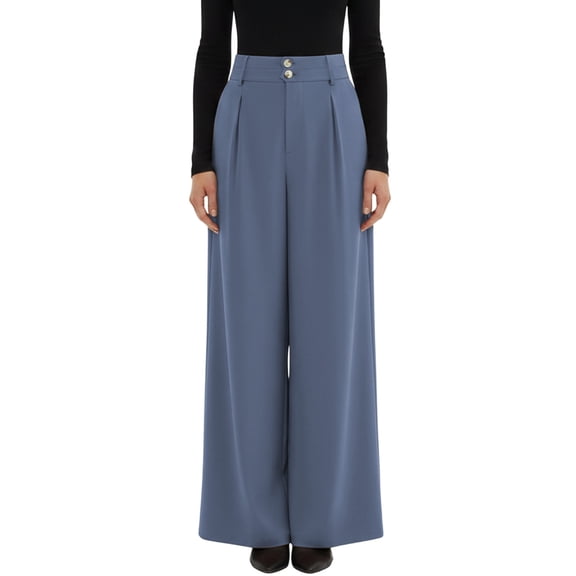 IWRICH Women's Wide Leg Dress Pants High Waisted Button Pleated Business Casual Trousers Office Work Palazzo Pants Navy L