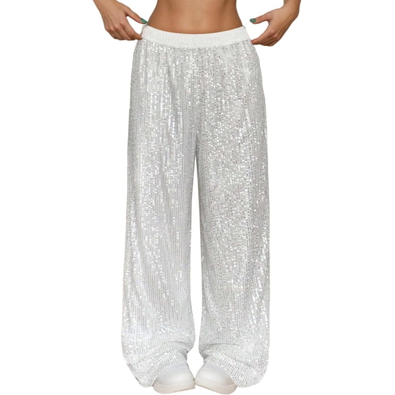 IWRICH Women's Wide Leg Sparkle Sequin Pants Elastic High Waisted Bling Glitter Dance Pants White XL
