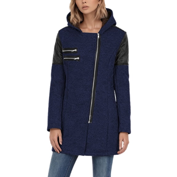 IWRICH Women's Wool Pea Coat Long Sleeve Hooded Dresses Long Winter Warm Thick Wool Trench Jacket Outwear Blue XL
