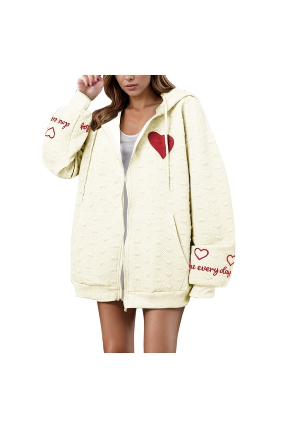 Women’s Zip up Hoodies Jacket Heart Print Long Sleeve Pocketed Sweatshirts Fall Casual Fashion Pullovers Tops Beige XXL