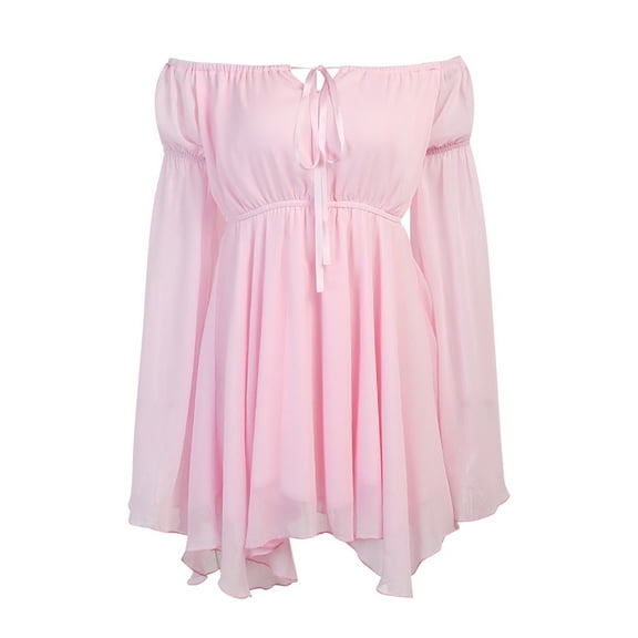 IWRICH Women's off Shoulder Dress Bell Sleeve Lace-Up Chiffon Casual Party Mini Fairy Dresses Pink L