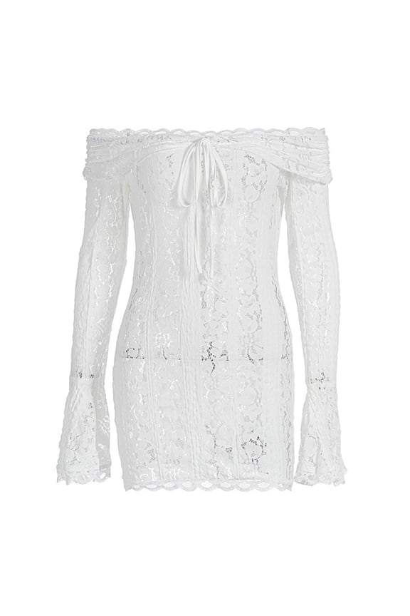 Women's off the Shoulder Lace Bodycon Mini Dress Bell Long Sleeve Wrap Tie Mesh Lace Short Dress for Club Party White M