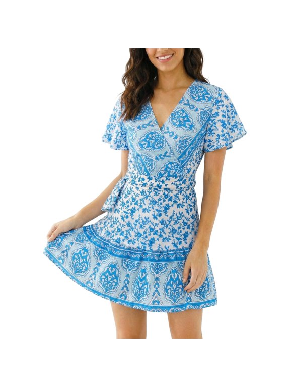 Womens Boho Mini Dresses Causal Short Sleeve Wrap Summer Beach Dress V Neck Short Sundress with Belt Blue XL