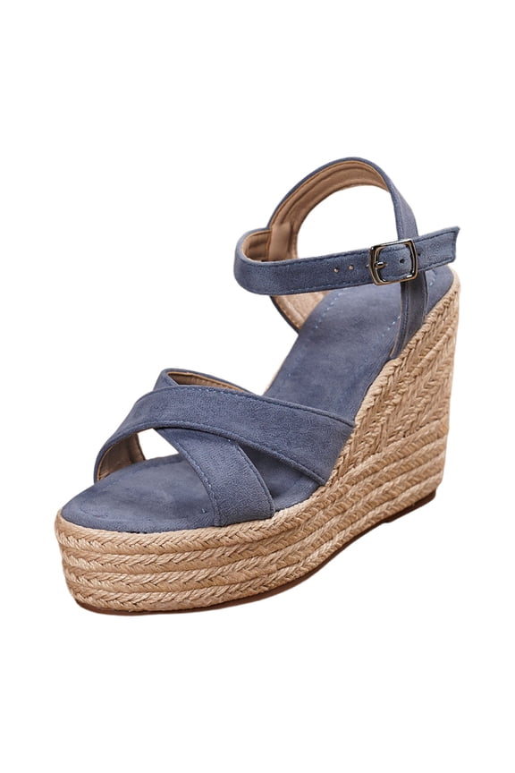 Womens Espadrilles Wedge Sandals Platform High Heels Adjustable Ankle Strap Open Shoes Toe Buckle Thick Soled Sandals Blue 5