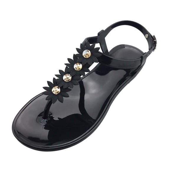 IWRICH Womens Fashion Flip Flops Sandals Summer T-Strap Flats Beach Walking Comfort Shoes Black 7.5