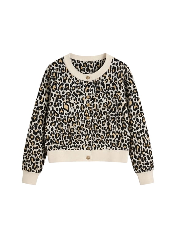 Womens Leopard Cardigan Cropped Button up Plus Size Sweater Loose Fit Long Sleeve Cheetah Printed Fall Winter Knit Jackets XXXXL