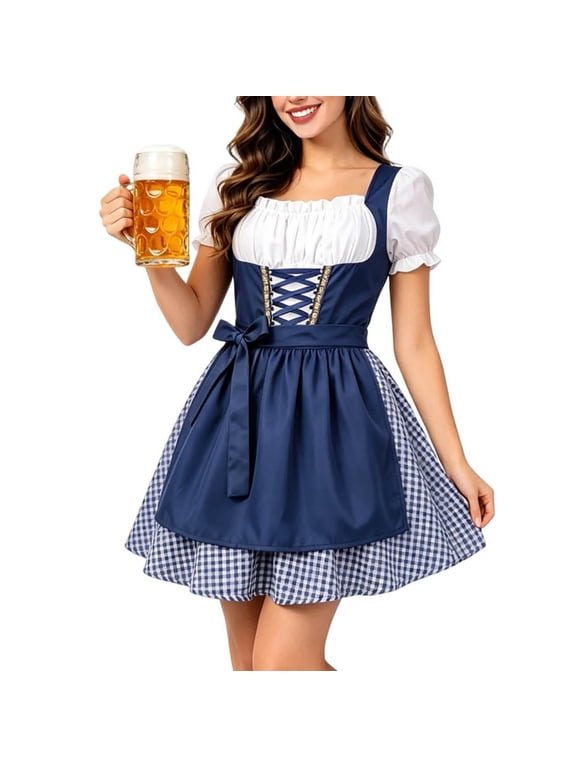 Womens Oktoberfest 2 Piece Sets German Bavarian Dirndl Puff Sleeves with Apron Carnival Festival Halloween Party Dress Red S