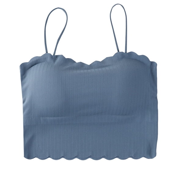 IWRICH Womens Scalloped Bulit Iin Self Bra Crop Tank Tops Spaghetti Strap Sleeveless Versatile Summer Going out Tee Shirts Blue One Size