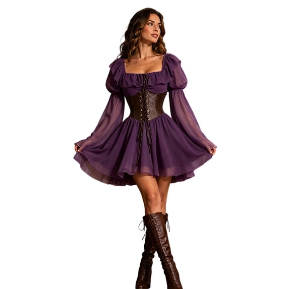 IWRICH Womens Victorian Renaissance Dress off Shoulder Long Sleeve Corst Boho Shirt Blousedress