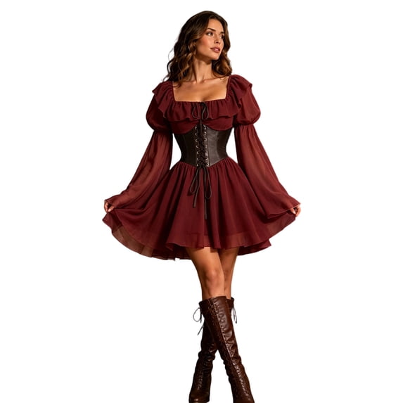IWRICH Womens Victorian Renaissance Dress off Shoulder Long Sleeve Corst Boho Shirt Blousedress