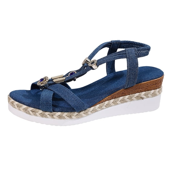IWRICH Womens Wedge Sandals Flower Low Heel Dressy Sandals Elastic Ankle Strap Rhinestone Summer Comfortable Shoes Blue1 8