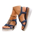 thumbnail image 1 of IWRICH Womens Wedge Sandals Flower Low Heel Dressy Sandals Elastic Ankle Strap Rhinestone Summer Comfortable Shoes Blue3 9.5, 1 of 9