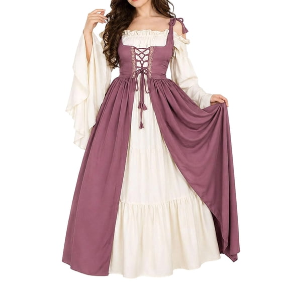 IWRICH Womens's Renaissance Dresses 2 Pics Set Long Flare Sleeve Halloween Outfits Pink S