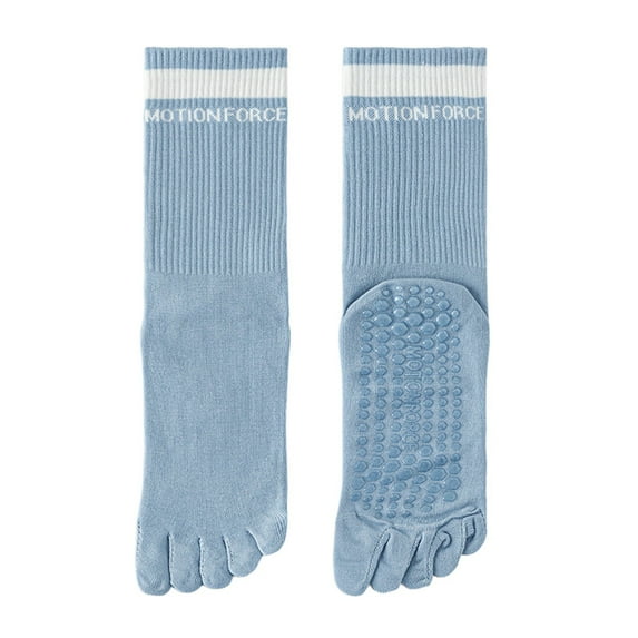 IWRICH Yoga Pilates Toe Socks with Grips for Women Non Slip Cushioned Crew Socks Mid Calf Socks Blue