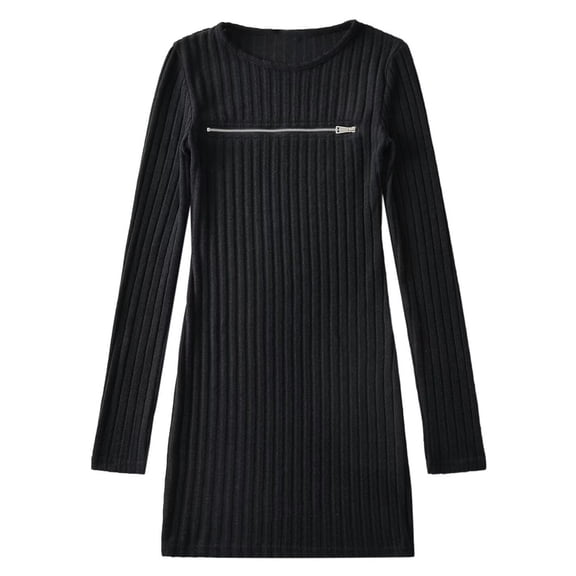 IWRICH Zipper Knit Bodycon Mini Dress for Women Elegant Slim Long Sleeve Ribbed Wrapped Style for Contemporary Black L