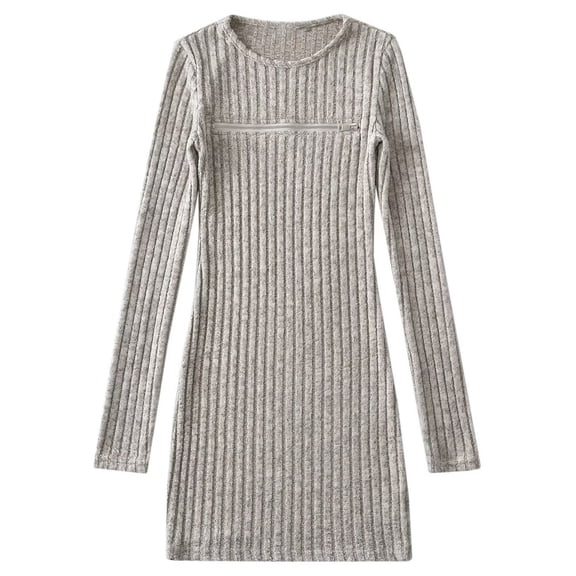 IWRICH Zipper Knit Bodycon Mini Dress for Women Elegant Slim Long Sleeve Ribbed Wrapped Style for Contemporary Light Gray S