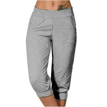IWRUHZY Capris for Women Print Elastic Waist Cinch Bottom Cropped Pant Solid Color Casual Comfy Trousers