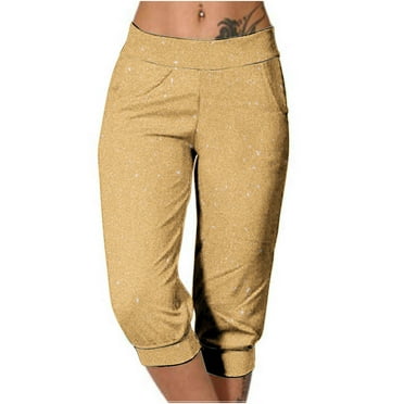 IWRUHZY Capris for Women Print Elastic Waist Cinch Bottom Cropped Pant Solid Color Casual Comfy Trousers