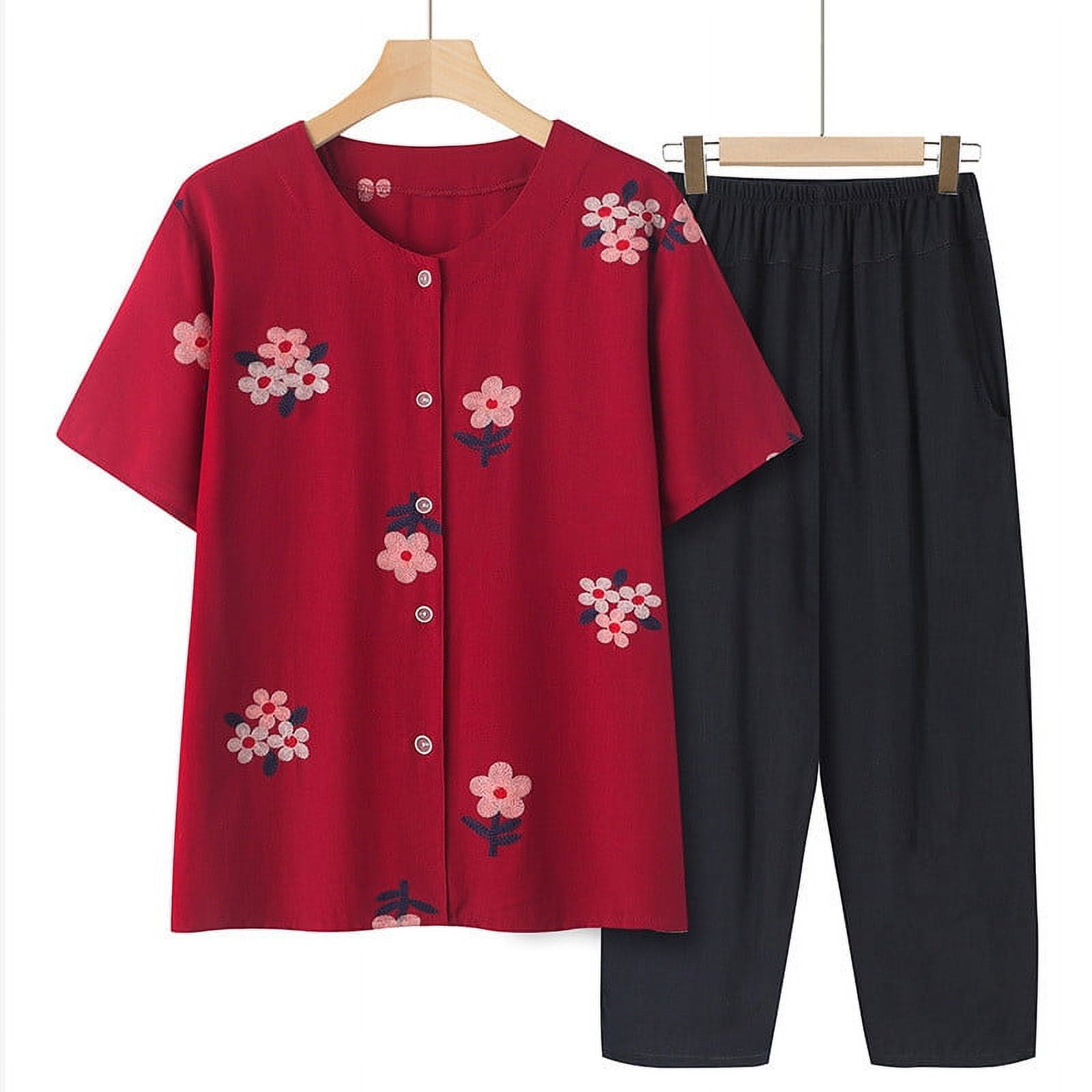 IWRUHZY Linen Pajama Set for Women Floral Button Down Tops with Capri