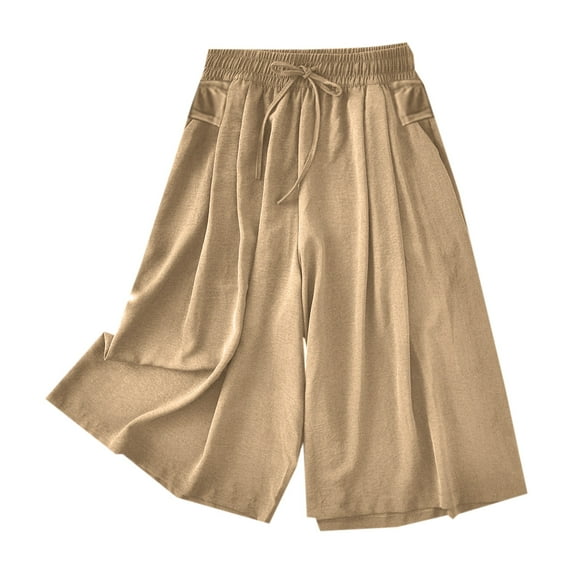 IWRUHZY Wide Leg Capris for Women Drawstring Elastic Waist Cropped Pants Casual Solid Color Trousers with Pockets