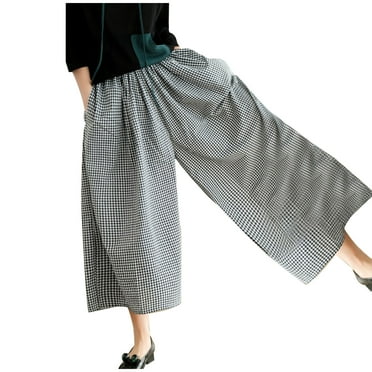 IWRUHZY Wide Leg Cropped Pants for Women Plaid Flowy Elastic Waist Capris Casual Loose Trousers with Pockets