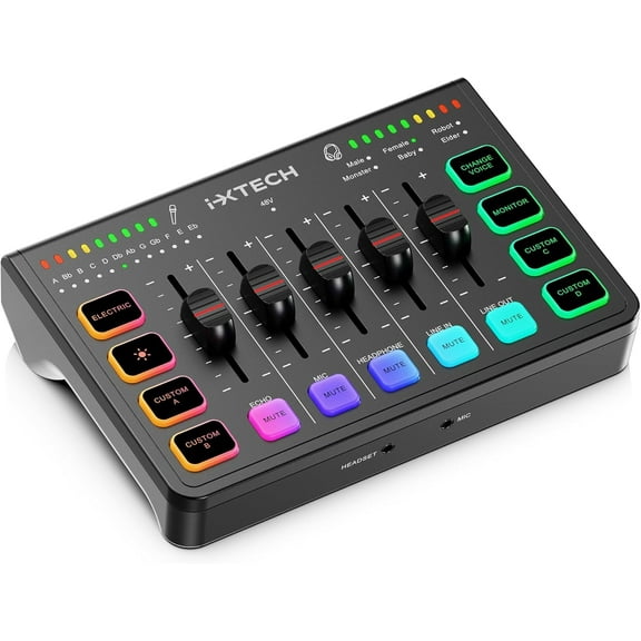 IXTECH Gaming Audio Mixer 4 Channel Soundboard, Streaming RGB PC Audio Interface with XLR Microphone Support, Audio Equalizer for Gaming Podcast Streaming Karaoke, Individual Volume Controls (Black)