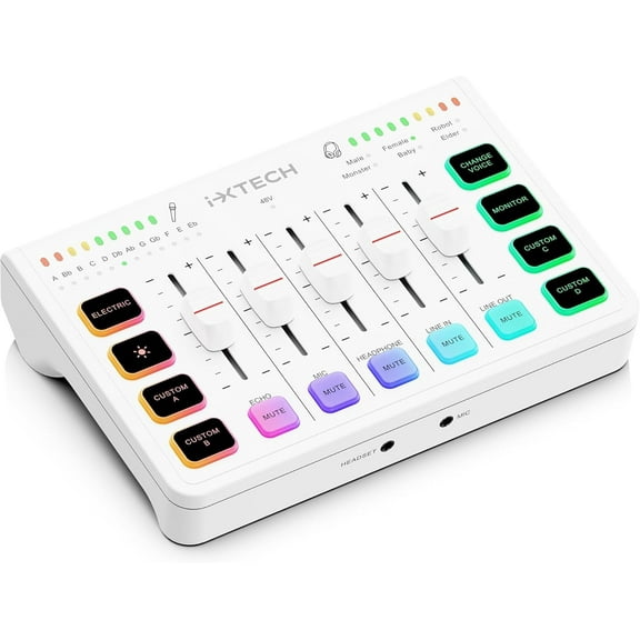 IXTECH Gaming Audio Mixer 4 Channel Soundboard, Streaming RGB PC Audio Interface with XLR Microphone Support, Audio Equalizer for Gaming Podcast Streaming Karaoke, Individual Volume Controls (White)