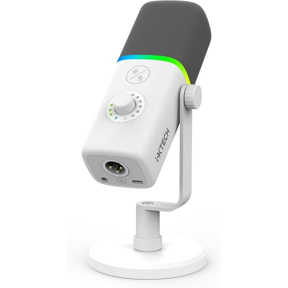 IXTECH Gaming USB Microphone for PC, Noise Cancellation Condenser Mic for Podcasts and Video Streaming with Tripod Stand, Pop Filter, Shock Mount, Gain Control, RGB Lights, Quiet Mute Button (White)