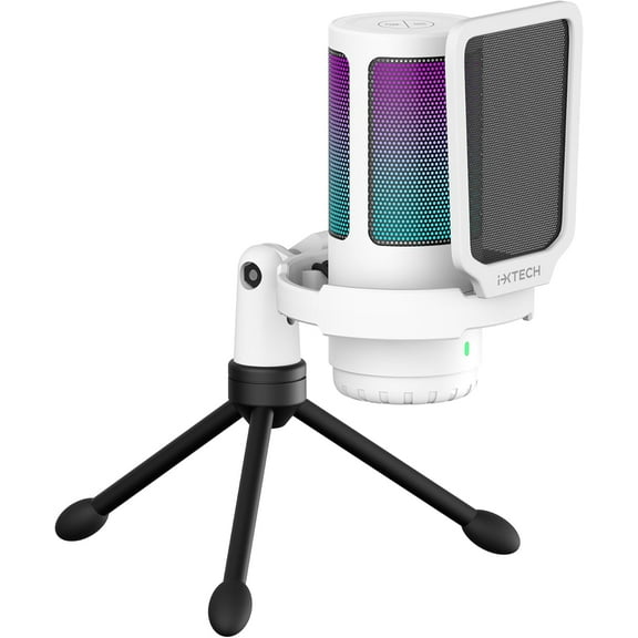IXTECH USB Gaming Microphone for PC, RGB Condenser Microphone with Tripod Stand, Pop Filter, Rotate Gain Button, and Quick Mute, Noise Cancellation Computer Mic for Streaming, Gaming, Podcasting