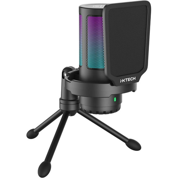 IXTECH USB Gaming Microphone for PC, RGB Condenser Microphone with Tripod Stand, Pop Filter, Rotate Gain Button, and Quick Mute, Noise Cancellation Computer Mic for Streaming, Gaming, Podcasting