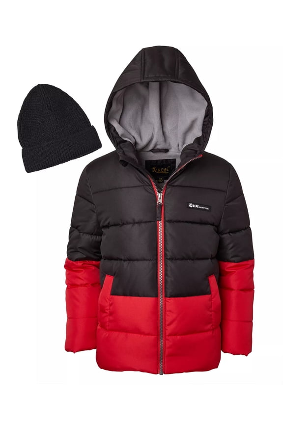 Toddler Boys Color Block Red/Black Ripstop Puffer Jacket w/Beanie 2T