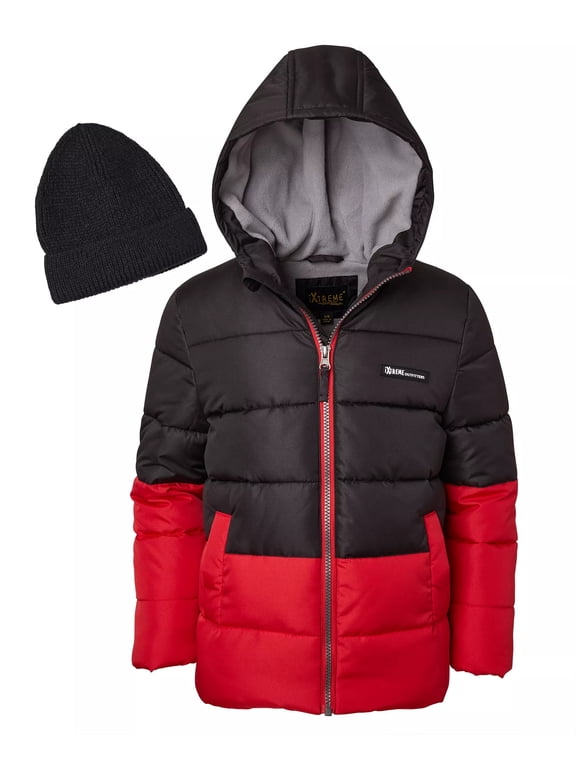Toddler Boys Color Block Red/Black Ripstop Puffer Jacket w/Beanie 2T