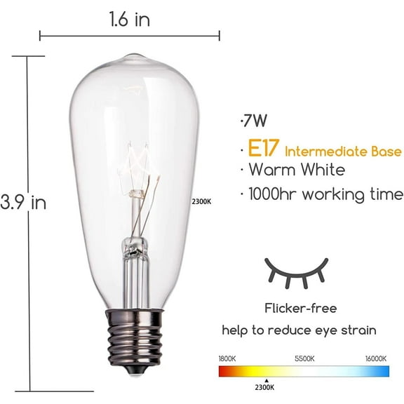 IYFFDFE-10 Pack Edison Replacement Light Bulbs,7-Watt E17 Screw Base ST40 Replacement Clear Glass Light Bulbs for Outdoor String Lights, Warm White